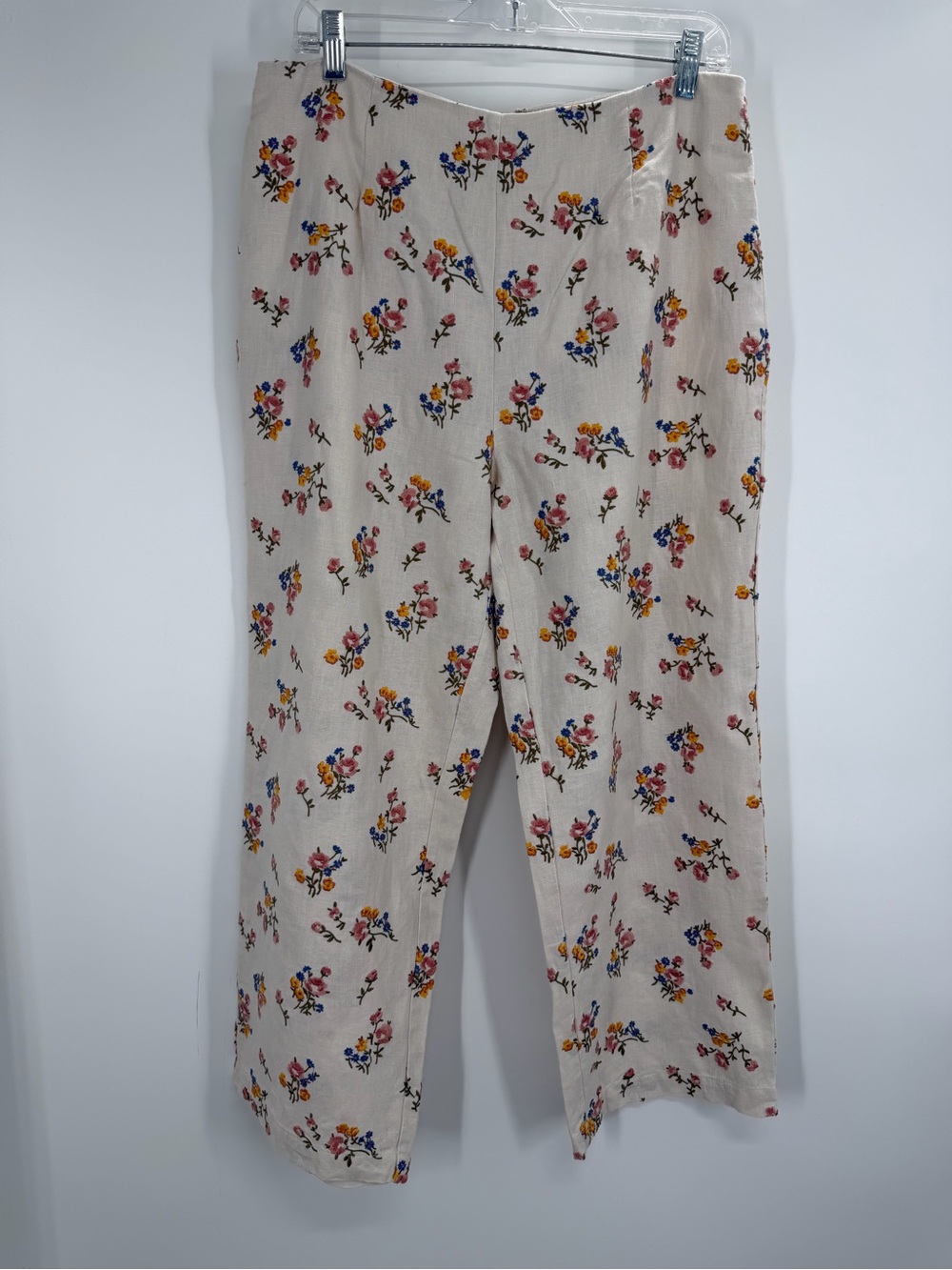 Reformation Women's Cream Embroidered Daisy Floral Linen Pants Size 10